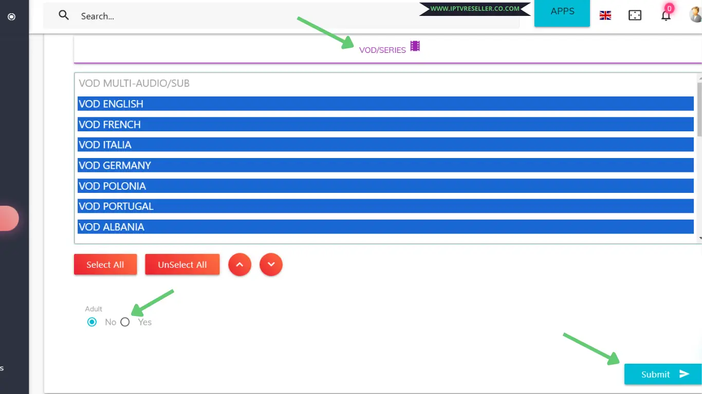 choose crystal vods and add adults and press submit