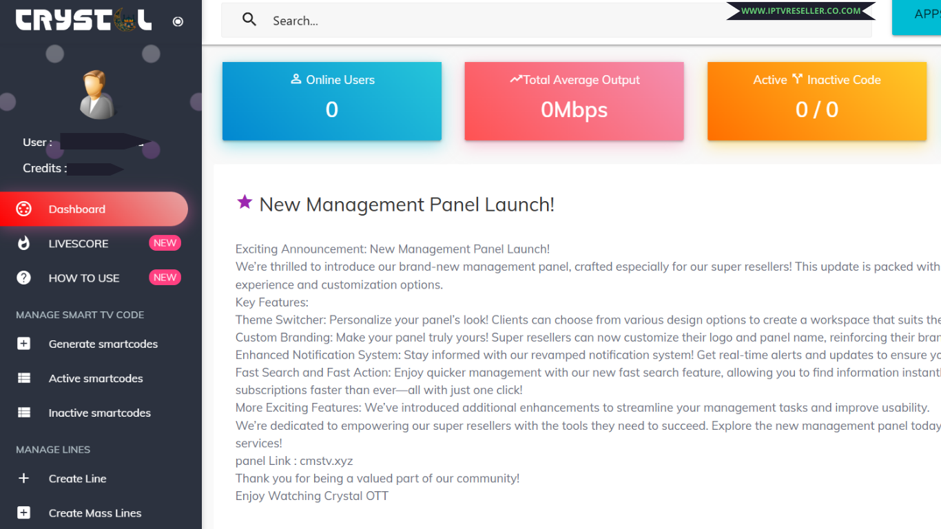 Crystal IPTV ReselleR panel